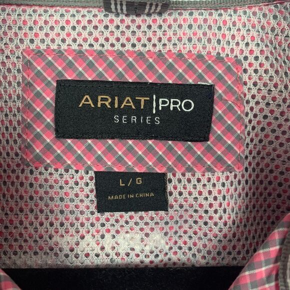 Ariat Pro Series Mens Shirt Large Pink Gray Plaid Button Down Western Cowboy - Picture 3 of 8